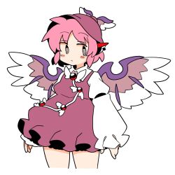 Rule 34 | 1girl, animal ears, bird ears, bird wings, blush, brown dress, brown hat, closed mouth, cowboy shot, cropped legs, dress, earrings, frilled dress, frilled sleeves, frills, grey eyes, hat, highres, ini (inunabe00), jewelry, long sleeves, mystia lorelei, pink hair, short hair, simple background, single earring, sleeve garter, solo, touhou, white background, white wings, winged hat, wings