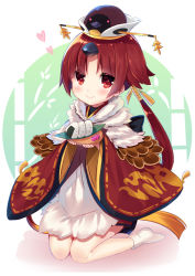 Rule 34 | 1girl, apron, benienma (fate), blush, brown eyes, brown hair, brown hat, brown kimono, closed mouth, commentary request, fate/grand order, fate (series), food, full body, hat, heart, highres, holding, japanese clothes, kimono, kneeling, ko yu, long hair, long sleeves, low ponytail, no shoes, onigiri, parted bangs, ponytail, smile, solo, very long hair, white apron, white background, white legwear, wide sleeves
