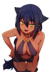 Rule 34 | 1girl, bare shoulders, black hair, breasts, collarbone, covered erect nipples, dark-skinned female, dark skin, fang, gem, hair between eyes, hair flaps, hand on own hip, hand on own knee, highres, jahy, jahy-sama wa kujikenai!, konbu wakame, leaning forward, long hair, looking at viewer, medium breasts, navel, o-ring, o-ring top, official art, open mouth, pointy ears, revision, shorts, simple background, solo, thigh gap, tongue, tongue out, very long hair, white background, yellow eyes