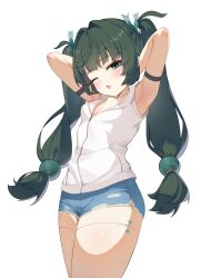 1girl absurdres armpits blush breasts cleavage cowboy_shot highres n3moni one_eye_closed open_mouth qingyi_(zenless_zone_zero) robot_girl short_shorts shorts simple_background small_breasts solo twintails white_background zenless_zone_zero