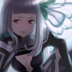 Rule 34 | 1girl, backlighting, bad id, bad twitter id, black dress, black gloves, blunt bangs, blurry, blurry background, bravely default (series), bravely second: end layer, breasts, commentary request, copyright request, depth of field, dress, gloves, grey hair, hand up, head rest, long hair, long sleeves, looking at viewer, magnolia arch, parted lips, red eyes, reiesu (reis), signature, small breasts, smile, solo, upper body
