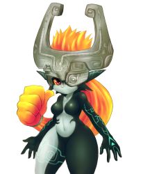 Rule 34 | 1girl, bad id, bad tumblr id, black skin, breasts, chelostracks, clenched hand, colored sclera, colored skin, fang, full body, grey skin, helmet, highres, long hair, midna, multicolored skin, neon trim, nintendo, no nipples, nude, one eye covered, pointy ears, prehensile hair, red eyes, small breasts, smile, solo, the legend of zelda, the legend of zelda: twilight princess, thick thighs, thighs, two-tone skin, wide hips, yellow sclera