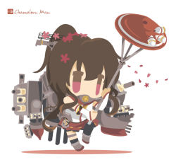 Rule 34 | 10s, 1girl, bad id, bad pixiv id, brown hair, chameleon man (three), chibi, flat color, flower, kantai collection, long hair, no lineart, petals, ponytail, purple eyes, solo, yamato (kancolle)