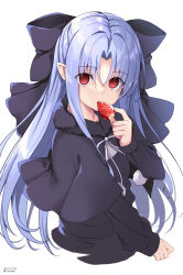 Rule 34 | 1girl, black capelet, black dress, blue hair, bow, capelet, dress, empty eyes, food, fruit, hair bow, hand to own mouth, highres, len (tsukihime), long hair, looking at viewer, melty blood, nozomi tsubame, pointy ears, red eyes, ribbon, simple background, solo, strawberry, tsukihime, upper body, white background