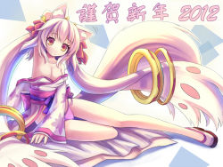 Rule 34 | 10s, 1girl, 2012, animal ears, arm up, armpits, bare legs, bare shoulders, breasts, cleavage, hoshi no gen, japanese clothes, kyubey, legs, looking at viewer, mahou shoujo madoka magica, mahou shoujo madoka magica (anime), new year, obi, off shoulder, panties, personification, sash, side-tie panties, sitting, smile, solo, tail, underwear