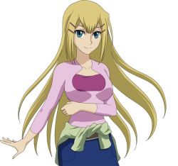 Rule 34 | blonde hair, blue eyes, breasts, clothes around waist, gundam, gundam 00, hair ornament, hairclip, happy, large breasts, long hair, looking at viewer, louise halevy, official art, skirt, smile, sweater, sweater around waist, white background
