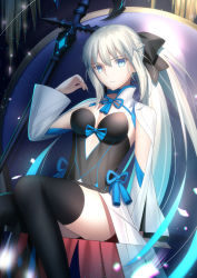 Rule 34 | 1girl, black bow, black dress, black footwear, blue eyes, boots, bow, braid, breasts, center opening, cleavage, crossed legs, dress, fate/grand order, fate (series), french braid, grey hair, hair bow, highres, large breasts, long hair, long sleeves, looking at viewer, mishiro (ixtlolton), morgan le fay (fate), pelvic curtain, polearm, ponytail, revision, sidelocks, sitting, solo, spear, thigh boots, thighhighs, thighs, two-tone dress, very long hair, weapon, white dress, wide sleeves