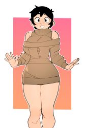 Rule 34 | 1girl, absurdres, arms at sides, black eyes, black hair, blush, border, breasts, brown dress, brown sweater, commentary, cowboy shot, dress, english commentary, fingernails, freckles, highres, legs together, long sleeves, looking at viewer, medium breasts, negsus, nose blush, off-shoulder dress, off shoulder, original, outside border, pink background, short dress, short hair, sleeveless, sleeveless turtleneck, smile, solo, standing, sweater, turtleneck, vanilla (negsus), white border