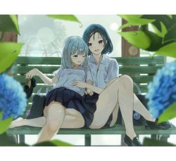 Rule 34 | 1girl, 2girls, akira tooru, bag, bare legs, barefoot, bench, black hair, blue eyes, blue sky, blurry, blurry foreground, breasts, collared shirt, depth of field, dress shirt, highres, knees up, letterboxed, loafers, looking at another, medium hair, miniskirt, multiple girls, no socks, on bench, one eye closed, open mouth, original, outdoors, pleated skirt, purple eyes, school bag, school uniform, shirt, shirt tucked in, shoes, unworn shoes, short sleeves, silver hair, sitting, skirt, sky, small breasts, smile, water drop, white shirt, yuri