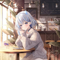 Rule 34 | 1girl, animal ears, blue choker, blue flower, blue hair, blush, cafe, cardigan, ceiling light, chair, check commentary, choker, coffee cup, collarbone, commentary, commentary request, cup, disposable cup, doughnut, dress, drinking glass, elbow rest, english text, fake animal ears, flower, food, from side, grey cardigan, hand on own cheek, hand on own face, head rest, holding, holding cup, indoors, iriam, kagachi saku, light rays, long sleeves, looking at viewer, menu board, miria (iriam), multicolored hair, on chair, pendant choker, purple eyes, saucer, signature, sitting, solo, spoon, star (symbol), stool, streaked hair, sunbeam, sunlight, table, tareme, vase, virtual youtuber, white dress, window, wooden chair, wooden stool, wooden table
