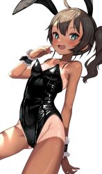 Rule 34 | 1girl, ahoge, aqua eyes, armpit crease, bare shoulders, black leotard, blush, breasts, brown hair, hair between eyes, highres, hololive, leotard, looking at viewer, medium hair, natsuiro matsuri, open mouth, playboy bunny, shiinamirin, side ponytail, simple background, small breasts, smile, solo, tan, tanline, virtual youtuber, white background, wrist cuffs