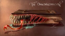Rule 34 | 2023, book, brown background, gradient background, highres, magical kaleidoscope, mimic, necronomicon, no humans, original, saliva, sharp teeth, signature, teeth, tongue, tongue out