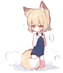 Rule 34 | ..., 1girl, animal ear fluff, animal ears, blue one-piece swimsuit, blush, closed mouth, collarbone, commentary request, covered navel, flying sweatdrops, fox ears, fox girl, fox tail, hair between eyes, hands on own chest, highres, konununui, looking at viewer, one-piece swimsuit, onsen, original, red eyes, school swimsuit, short eyebrows, short hair, solo, spoken ellipsis, standing, steam, swimsuit, tail, thick eyebrows, water, wavy mouth