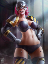 Rule 34 | 1girl, :d, adeptus astartes, armor, armored boots, artist name, bikini, bikini armor, boots, breasts, cleavage, gauntlets, hazard stripes, helmet, highres, iron warriors, large breasts, lips, looking at viewer, navel, open mouth, orange eyes, pauldrons, pink hair, power armor, short hair, shoulder armor, signature, smile, solo, space marine, stomach, strapless, strapless bikini, swimsuit, teeth, themaestronoob, thighhighs, upper teeth only, warhammer 40k, zettai ryouiki