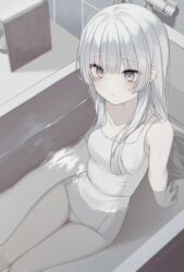 Rule 34 | 1girl, absurdres, bare arms, bare legs, bare shoulders, bathtub, blunt bangs, blunt ends, blush, breasts, choppy bangs, closed mouth, collarbone, commentary request, feet out of frame, grey eyes, highres, in water, indoors, karou (lhscck302), long hair, looking away, medium breasts, one-piece swimsuit, original, sidelocks, sitting, solo, swimsuit, water, white hair, white one-piece swimsuit