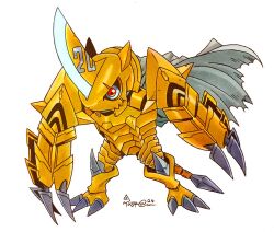 Rule 34 | armor, cape, claws, digimon, digimon (creature), horns, red eyes, solo, tail, zubamon