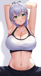 Rule 34 | 1girl, :o, armpits, arms up, black pants, breasts, cleavage, green eyes, grey hair, hair ornament, highres, hololive, large breasts, looking at viewer, menmen (menmen13s), navel, pants, shirogane noel, short ponytail, solo, sports bra, stomach, stretching, sweat, virtual youtuber, white sports bra