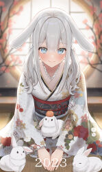 Rule 34 | 1girl, 2023, absurdres, animal ears, blue eyes, blurry, blurry background, blush, closed mouth, hair between eyes, highres, honome sui, indoors, japanese clothes, kimono, kneeling, light particles, obi, original, print kimono, rabbit, rabbit ears, rabbit girl, sash, sidelocks, smile, twintails, white hair