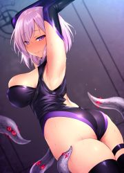 Rule 34 | 1girl, armpits, arms up, ass, asymmetrical bangs, back, back cutout, blush, breasts, clothing cutout, elbow gloves, fate/grand order, fate (series), glint, gloves, half-closed eyes, highleg, highleg leotard, large breasts, leotard, looking at viewer, mash kyrielight, purple eyes, purple gloves, purple hair, purple leotard, purple thighhighs, restrained, satou kuuki, short hair, skindentation, sleeveless, solo, star-shaped pupils, star (symbol), sweat, symbol-shaped pupils, tentacles, thigh strap, thighhighs, thighs