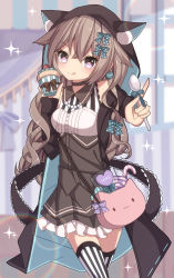 Rule 34 | 1girl, animal bag, animal hood, bad id, bad pixiv id, black choker, black coat, blue bow, blurry, blurry background, bow, brown dress, brown hair, cat bag, cat hood, choker, coat, depth of field, dress, earrings, frilled dress, frills, hair between eyes, hair bow, hair flaps, head tilt, heart, heart earrings, highres, holding, holding spoon, hood, hood up, hooded coat, index finger raised, indoors, jewelry, long hair, original, outstretched arm, pleated dress, polka dot, polka dot bow, sapphire (sapphire25252), sleeveless, sleeveless dress, solo, spoon, striped clothes, striped thighhighs, thighhighs, vertical-striped clothes, vertical-striped thighhighs, very long hair