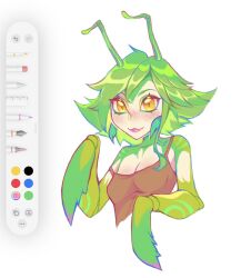 Rule 34 | 1girl, antenna hair, art program in frame, arthropod girl, bare shoulders, blonde hair, breasts, claws, cleavage, closed mouth, colored skin, cropped torso, flipped hair, freckles, green hair, green skin, grey background, highres, kemonomimi mode, knol (flowrmosh), league of legends, mantis girl, medium breasts, neeko (league of legends), orange eyes, simple background, small breasts, smile, solo, yellow skin