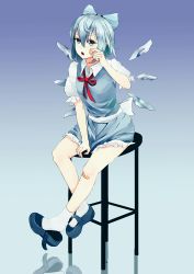 Rule 34 | 1girl, absurdres, arm between legs, arm up, back bow, bad id, bad pixiv id, bandaid, blue bow, blue dress, blue eyes, blue footwear, blue hair, blue wings, bow, cirno, collared shirt, crossed legs, detached wings, dress, full body, gradient background, hair between eyes, hair bow, hand to own mouth, highres, ice, ice wings, large bow, mary janes, open mouth, peeling, pinafore dress, puffy short sleeves, puffy sleeves, reflection, shirt, shoe dangle, shoes, short hair, short sleeves, sitting, sleeveless dress, socks, solo, stool, tengyuan pa pa zi, touhou, white bow, white shirt, white socks, wing collar, wings