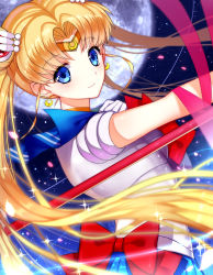Rule 34 | 1girl, bishoujo senshi sailor moon, blonde hair, blue eyes, blue sailor collar, bow, crescent, crescent earrings, double bun, earrings, full moon, jewelry, long hair, looking at viewer, moon, red bow, sa (h28085), sailor collar, sailor moon, solo, tiara, tsukino usagi, twintails