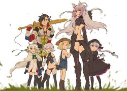 Rule 34 | 1boy, 5girls, agrius metamorphosis, ahoge, animal ears, asaya minoru, atalanta (fate), atalanta alter (fate), bandaged arm, bandaged hand, bandages, bare arms, bare shoulders, bell, beret, black bow, black dress, black footwear, black gloves, black hair, black headwear, black panties, black pants, black shirt, black thighhighs, blurry, blurry foreground, boots, bow, braid, brown eyes, brown footwear, brown gloves, brown hair, capelet, character request, commentary request, depth of field, dress, elbow gloves, facial scar, fate/grand order, fate (series), fingerless gloves, fur-trimmed capelet, fur trim, gloves, gothic lolita, green bow, green eyes, green ribbon, grey hair, hair bow, hat, hat bow, headpiece, holding, holding hands, holding sword, holding weapon, jack the ripper (fate/apocrypha), jeanne d&#039;arc (fate), jeanne d&#039;arc alter santa lily (fate), lolita fashion, long hair, multicolored hair, multiple girls, naked overalls, nursery rhyme (fate), over shoulder, overall shorts, overalls, panties, pants, pantyhose, parted bangs, paul bunyan (fate), paul bunyan (third ascension) (fate), puffy short sleeves, puffy sleeves, purple eyes, red gloves, ribbon, scar, scar on cheek, scar on face, shirt, short sleeves, single glove, sleeveless, sleeveless shirt, standing, streaked hair, striped bow, striped ribbon, sword, sword over shoulder, thigh boots, thighhighs, twin braids, twintails, twitter username, underwear, very long hair, weapon, weapon over shoulder, white background, white capelet, white dress