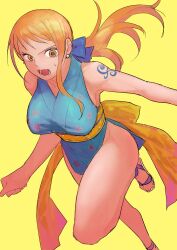 Rule 34 | 1girl, :o, absurdres, alternate costume, blue bow, bow, breasts, clenched hand, earrings, hair bow, highres, japanese clothes, jewelry, jumping, large breasts, light blue kimono, long hair, low ponytail, nami (one piece), nami (one piece) (wano), ninja, official alternate costume, one piece, open mouth, orange eyes, orange hair, running, sandals, sash, shoulder tattoo, sleeveless, solo, tattoo, urasanmyaku, very long hair, wide hips, yellow background, yellow sash