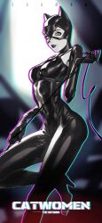 Rule 34 | 1girl, absurdres, batman (series), bodysuit, breasts, catsuit, catwoman, character name, copyright name, dc comics, greyscale, high heels, highres, holding, holding weapon, holding whip, leg up, looking at viewer, medium breasts, monochrome, naijarski, skin tight, solo, weapon, whip