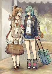 Rule 34 | 10s, 2girls, :d, alternate costume, aqua eyes, aqua hair, arm at side, backpack, bag, bag charm, bare legs, bare shoulders, belt, black footwear, blouse, blue eyes, boots, bracelet, brown footwear, brown hair, buckle, building, casual, cellphone, charm (object), contemporary, crop top, cross-laced footwear, denim, denim shorts, dress, full body, grey eyes, hair ornament, hair scrunchie, hairclip, high ponytail, holding, holding bag, holding phone, hood, hood down, hoodie, jacket, jewelry, kantai collection, kumano (kancolle), long hair, long sleeves, looking down, luggage, madogawa, multiple girls, necklace, necktie, no socks, open clothes, open hoodie, open mouth, outdoors, pavement, peace symbol, pendant, phone, polka dot, ponytail, rolling suitcase, scrunchie, shirt, shoes, short dress, short shorts, shorts, shoulder bag, side-by-side, smile, standing, sticker, suitcase, suzuya (kancolle), v arms, white dress, white shirt, window, wrist scrunchie