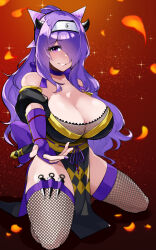 Rule 34 | 1girl, absurdres, arm guards, bare shoulders, breasts, camilla (fire emblem), camilla (ninja) (fire emblem), choker, fingerless gloves, fire emblem, fire emblem fates, fire emblem heroes, fishnet thighhighs, fishnet top, fishnets, forehead protector, gloves, hair over one eye, highres, kneeling, kunai, large breasts, looking at viewer, nintendo, official alternate costume, official alternate hairstyle, pelvic curtain, ponytail, purple choker, purple eyes, purple gloves, purple hair, purple nails, purple ribbon, ribbon, ribbon choker, short hair, smile, solo, tetsuji (i ttj f c), thighhighs, very short hair, weapon