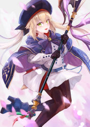 Rule 34 | 1girl, absurdres, artoria caster (fate), artoria caster (second ascension) (fate), artoria pendragon (fate), belt, beret, black bow, black gloves, blonde hair, blue belt, blue raincoat, blush, boots, bow, buttons, collar, collared shirt, fate/grand order, fate (series), flower, gem, gloves, gold, green eyes, green gemstone, hair between eyes, hat, highres, long hair, long sleeves, looking at viewer, miniskirt, multiple tails, open mouth, pantyhose, petals, petcha the o, purple bow, raincoat, shirt, simple background, skirt, smile, solo, tail, two tails, white shirt, white skirt