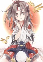 Rule 34 | 10s, bad id, bad twitter id, brown hair, failure penguin, hachimaki, hair between eyes, headband, japanese clothes, kantai collection, long hair, ponytail, shijima (sjmr02), solo, zuihou (kancolle)