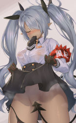 Rule 34 | 1girl, armband, black necktie, black panties, black ribbon, black skirt, blue archive, blush, closed eyes, clothes lift, collared shirt, commentary request, demon tail, dress shirt, grey hair, hair over one eye, hair ribbon, halo, high-waist skirt, highres, iori (blue archive), lifting own clothes, long hair, long sleeves, mouth hold, necktie, necktie in mouth, oonaka ito, panties, panty pull, pointy ears, ribbon, see-through, shirt, side-tie panties, sidelocks, skirt, skirt lift, solo, tail, tail censor, twintails, underwear, very long hair, wet, wet clothes, wet shirt, white shirt