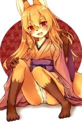 Rule 34 | 1girl, animal ears, bell, borrowed character, brown hair, commentary request, female focus, fox ears, fox tail, furry, furry female, hair ornament, hand in own hair, hand on own knee, highres, japanese clothes, jingle bell, kida kuro mu, kimono, knees up, koko (kishibe), long hair, no pants, obi, open mouth, original, panties, red eyes, sash, short kimono, side-tie panties, sitting, smile, solo, tail, underwear, untied, white background, white panties