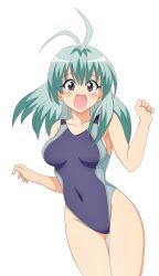 Rule 34 | 1girl, absurdres, blush, breasts, female focus, green hair, highres, legs, long hair, open mouth, purple eyes, run elsie jewelria, simple background, solo, swimsuit, thighs, third-party edit, to love-ru, vector trace