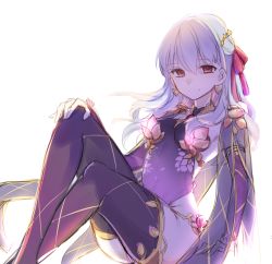 Rule 34 | 1girl, armlet, armor, backlighting, bare shoulders, bikini armor, breasts, closed mouth, collar, detached sleeves, dress, earrings, fate/grand order, fate (series), floral print, hair ribbon, jewelry, kama (fate), kama (second ascension) (fate), knees up, long hair, looking at viewer, medium breasts, metal collar, miniskirt, pelvic curtain, purple dress, purple skirt, purple sleeves, purple thighhighs, red eyes, ribbon, ring, silver hair, skirt, smile, solo, syuyu0220, thighhighs, thighlet, thighs