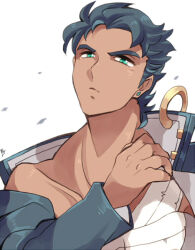 Rule 34 | 1boy, bandaged chest, black hair, chain, closed mouth, collarbone, earrings, green eyes, jewelry, jojo no kimyou na bouken, kotorai, kuujou joutarou, looking at viewer, male focus, medium sideburns, muscular, muscular male, short hair, simple background, solo, upper body, white background