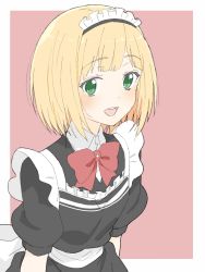 Rule 34 | 1girl, :d, absurdres, bad id, bad twitter id, black dress, blonde hair, blush, bow, bowtie, collared shirt, donguri suzume, dress, green eyes, highres, looking at viewer, maid, maid headdress, male focus, nijisanji, open mouth, original, pink background, puffy short sleeves, puffy sleeves, red bow, red bowtie, sash, shirt, short hair, short sleeves, simple background, smile, solo, suzuya aki, upper body, virtual youtuber, wing collar