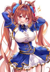 Rule 34 | 1girl, aiguillette, antenna hair, aoi (kirabosi105), blue bow, blue bowtie, blue jacket, bow, bowtie, breasts, brown hair, buttons, center frills, cowboy shot, daiwa scarlet (umamusume), double-breasted, epaulettes, fang, framed breasts, frilled shirt, frills, garter straps, hair intakes, highres, horse girl, jacket, juliet sleeves, large breasts, layered skirt, long hair, long sleeves, looking at viewer, miniskirt, overskirt, pleated skirt, puffy sleeves, red eyes, shirt, simple background, skirt, solo, tiara, twintails, umamusume, underbust, very long hair, white background, white shirt, white skirt