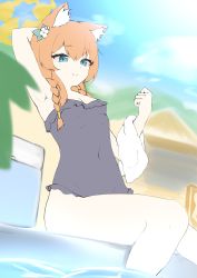 Rule 34 | 1girl, absurdres, armpits, blue archive, highres, mari (blue archive), rada (aw waffle), solo, swimsuit, twitter, water