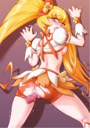 Rule 34 | 10s, 1girl, against wall, ass, blonde hair, blush, bow, breasts, censored, cpro, cure sunshine, from behind, hair ribbon, heartcatch precure!, hetero, long hair, magical girl, medium breasts, midriff, myoudouin itsuki, nipples, open mouth, orange bow, penis, pointless censoring, precure, pussy, ribbon, sex, skirt, solo focus, tears, torn clothes, trembling, twintails, vaginal, yellow eyes