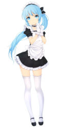 Rule 34 | 1girl, apron, blue eyes, blue hair, choker, full body, gloves, highres, long hair, looking at viewer, maid, maid apron, maid headdress, mary janes, matching hair/eyes, original, shoes, short sleeves, side ponytail, simple background, smile, solo, thighhighs, white background, white gloves, white thighhighs, zettai ryouiki, zizi (zz22)