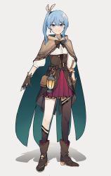 Rule 34 | 1girl, black bow, blue eyes, blue hair, boots, bow, brown cloak, brown footwear, brown skirt, cloak, cosplay, feather hair ornament, feathers, flat chest, hair ornament, hairclip, hand on own hip, high-waist skirt, hololive, hololive english, hoshimachi suisei, kiel adair, kneehighs, looking at viewer, nanashi mumei, nanashi mumei (cosplay), pectoral cleavage, pectorals, side ponytail, single kneehigh, single sock, single thighhigh, skirt, smile, socks, solo, standing, thighhighs, virtual youtuber