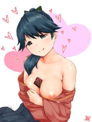 Rule 34 | 1girl, :p, alternate breast size, bare shoulders, between breasts, blue hair, blush, box, breasts, cleavage, collarbone, commentary request, gift, gift box, hair between eyes, hakama, hakama skirt, heart, heart-shaped pupils, highres, houshou (kancolle), japanese clothes, jewelry, kantai collection, large breasts, long hair, long sleeves, looking at viewer, nipples, no bra, off shoulder, open clothes, ponytail, ribbon, ring, simple background, sitting, skirt, smile, solo, symbol-shaped pupils, tadokoro nurikabe, tongue, tongue out, valentine, wedding band, white background
