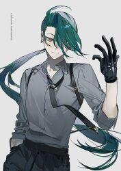Rule 34 | 1boy, androgynous, black gloves, black necktie, black pants, closed mouth, collarbone, collared shirt, copyright notice, cowboy shot, creatures (company), game freak, gloves, green hair, grey background, grey shirt, hair over one eye, hand in pocket, hand up, highres, k00s, long hair, necktie, nintendo, open collar, pants, pokemon, pokemon sv, ponytail, red eyes, rika (pokemon), shirt, simple background, smile, solo, standing, swept bangs