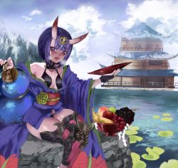 Rule 34 | 1girl, absurdres, alcohol, architecture, blush, bob cut, east asian architecture, fang, fangs, fate/grand order, fate (series), food, fruit, fruit bowl, gourd, highres, horns, japanese clothes, kimono, mountain, nail polish, oni, open mouth, pond, purple eyes, purple hair, rock, rye (hyn uka), sake, sash, shuten douji (fate), sitting, snow, solo, steam, teeth, water
