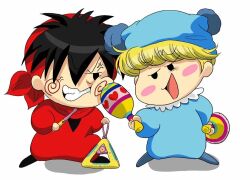 Rule 34 | 2boys, anger vein, bandana, black hair, blonde hair, blue pajamas, blush stickers, bodysuit, clenched teeth, commentary request, grin, hair over one eye, hat, holding, holding instrument, holding maracas, instrument, looking at another, maracas, mini person, miniboy, mirumo, mirumo de pon!, multiple boys, nightcap, pajamas, parumuttyo, red bandana, red bodysuit, red scarf, scarf, short hair, smile, spiral cheeks, teeth, triangle (instrument), white background, yashichi (mirumo de pon!)