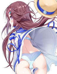 Rule 34 | 1girl, absurdres, ass, blue bra, blue panties, blue ribbon, blue sailor collar, blush, bra, brown hair, clothes lift, commentary request, dolphin hair ornament, dress, dress lift, extended upskirt, hair ornament, hair tie, hat, unworn hat, unworn headwear, highres, kamioka shun&#039;ya, long hair, looking at viewer, looking back, one side up, original, panties, parted lips, profile, purple eyes, ribbon, sailor collar, sailor dress, short sleeves, simple background, solo, underwear, upskirt, very long hair, white background, white dress, wind, wind lift
